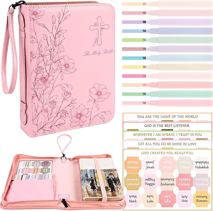 Bible Cover Case for Women Pink Leather Floral Bible Storage Bag with Highlighters Tabs for Girls Bible Study Supplies Accessories Christian Gifts