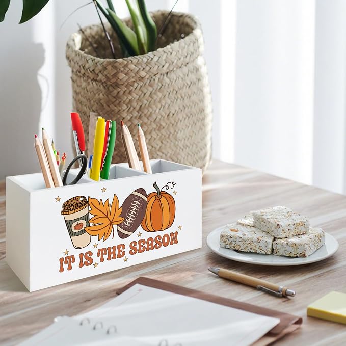 Fall Football Pen Holder for Desk, Autumn Coffee Pumpkin Maple Leaf Wooden Box Sign Desk Decor for Home Office Decoration, Rustic Fall Pencil Organizer, Football Lover Gifts