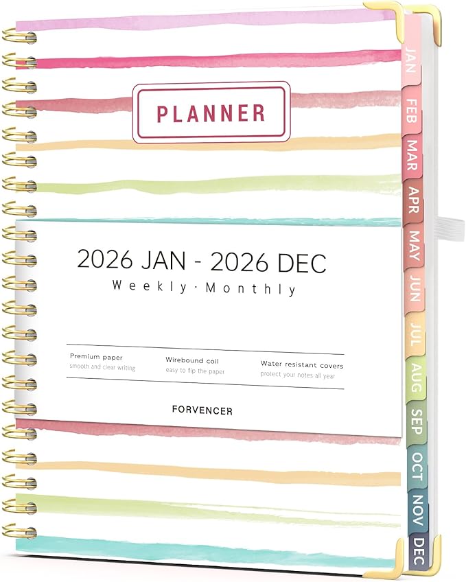 Forvencer 2026 Planner, Weekly and Monthly Calendar Planner for Women, Jan 2026 - Dec 2026, 8.5" x 11", Hardcover Planning Agenda book with Monthly Tabs, Spiral Bound, Inner Pocket, Cute Journal Organizer Notebook for Office School, A4 Size, Stripes