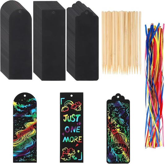 Dimeho Scratch Bookmarks, 48 Set Scratch Paper Art Bookmarks Craft Kits Party Favors Rainbow DIY Bookmark Hanging Gifts Tag with Scratching Tools Ribbon for Students Classroom Activities(3 Style)