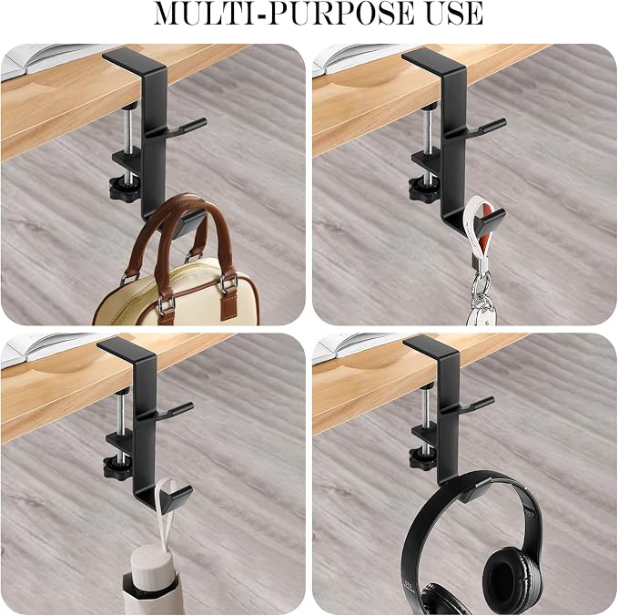 Plus tard 2Pcs Desk Hook, Purse Hook for Desk Adjustable Bag Holder for Table, Hooks for Backpacks Under Counter Table Hanging Storage, Workspace Organizer Holder