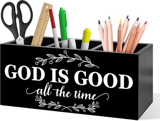 Christian Bible Verse Pen Holder, God Is Good All the Time Christian Office Pen Pencil Holder Organizer for Desk Accessories, Religious Wooden Box Desk Decor for Home Office Desk Decorations