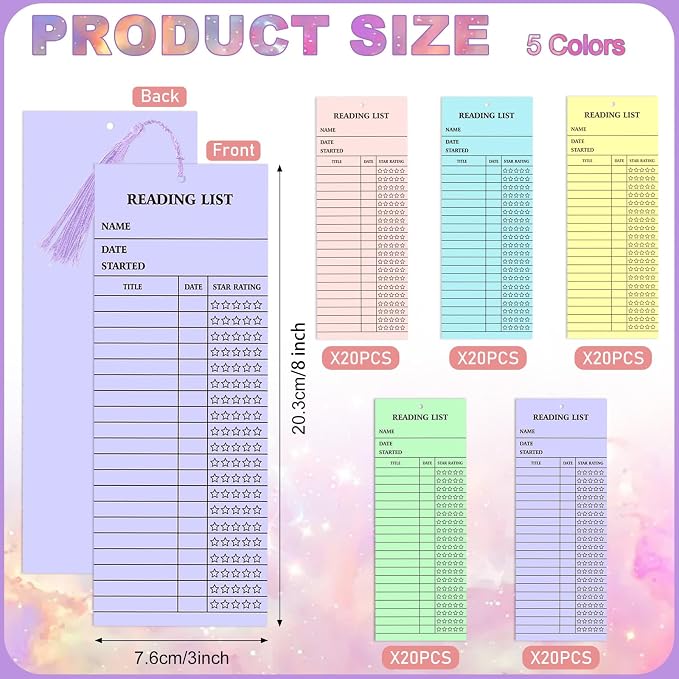 100 Pieces Reading List Bookmark with Tassels, 3 x 8 Inch 5 Colors Personal Libraries Cards 20 Pieces Tassels for Reading Lovers Kids Students Teachers(Pastel)