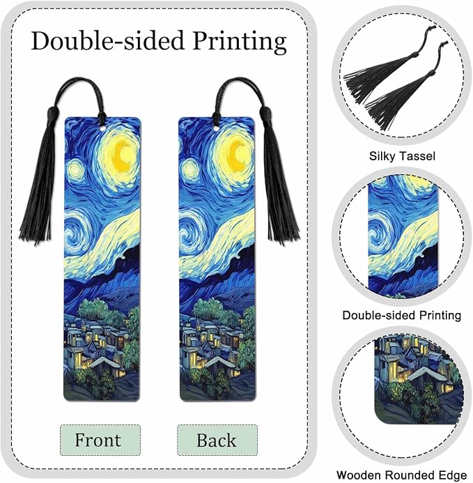 Starry Sky Bookmarks Set 5 with Tassels Blue Mysterious Painting Wooden Bookmarks for Reading Women Men Students Teachers School Supplies