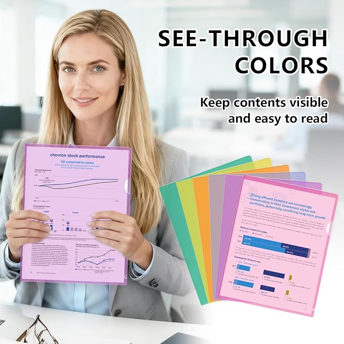 HOUYEE 12 Pack Clear Document Folders, L-Type Plastic File Folder Sleeves, Project Folders Paper Sheet Protectors for 8.5" x 11" Letter Size, for Home, Office, and School Use (6 Assorted Colors)