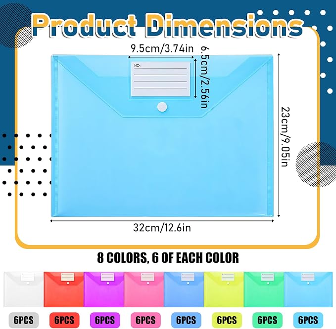 48pcs Plastic Envelopes Poly Envelopes Clear Envelope with Snap Button Closure A4 Letter Size Plastic Envelope Folder with Label Pocket for School Office Home Organizer Supplies, 8 Colors
