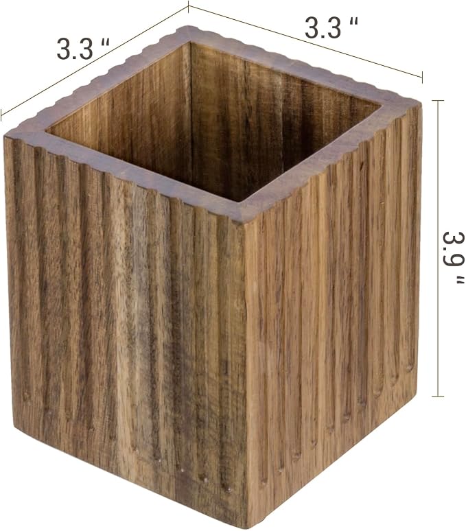 MyGift Premium Acacia Solid Wood Pen Pencil Cup with Textured Fluted Design, Desktop Wooden Office Supply Organizer Holder