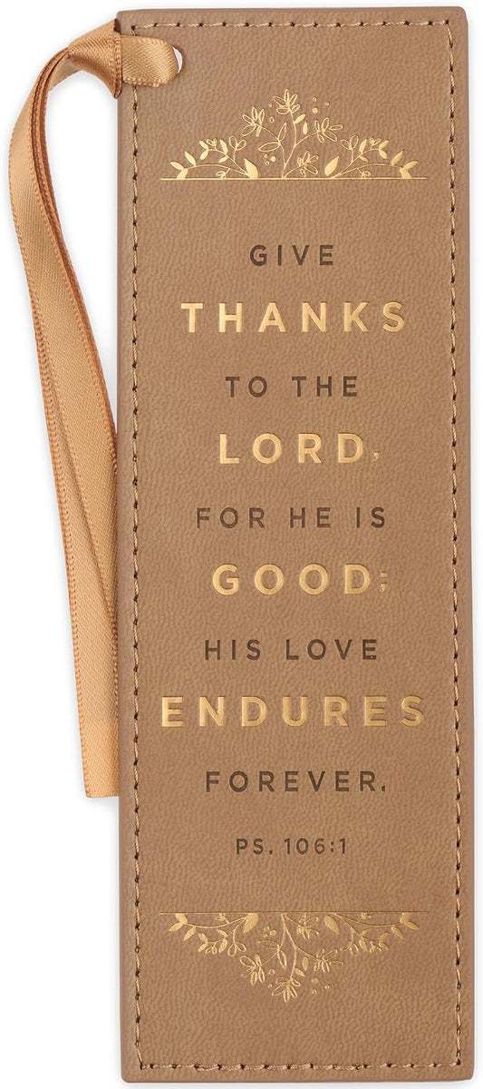 Christian Art Gifts Tan Faux Leather Floral Bookmark for Women: Give Thanks - Psalm 106:1 Inspirational Bible Verse, Heat-Debossed & Golden Accents with Light Sandy Tan Satin Ribbon Reading Accessory