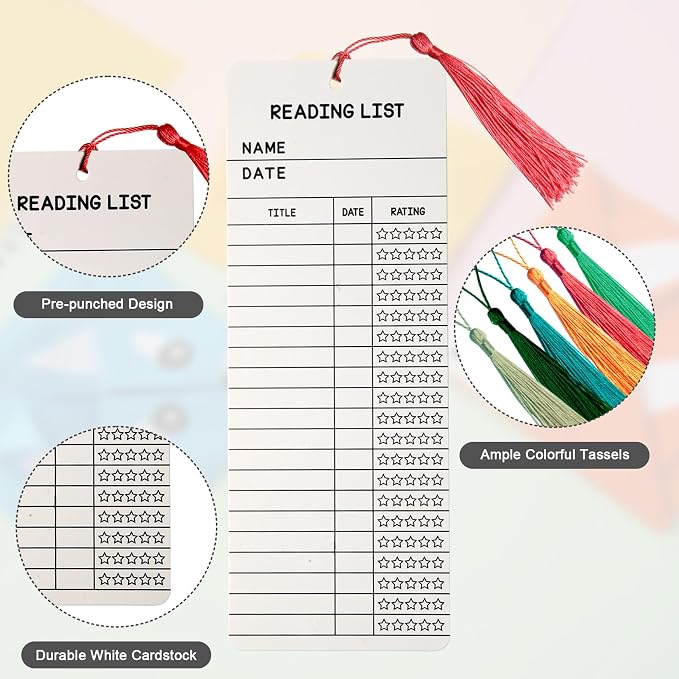 50 pcs Reading List Bookmarks with 50 Bookmark Tassels – 3x8 Inch Book Tracker and Reading Log Bulk Bookmarks for Book Lovers, Students, Teachers – Graduation Gifts, Back-to-School Supplies (White)