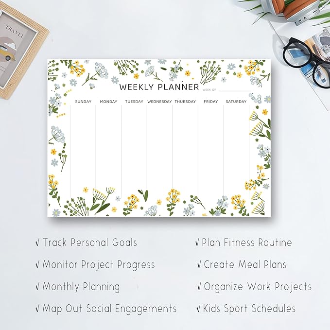 Undated Weekly Planner Notepad, 52 Sheet Tear-Off Weekly To Do List Notepad, Desk Planner Pad Calendar, Blank Calendar for Daily Habit Tracking/Menu Planning(8.26"x11,69")