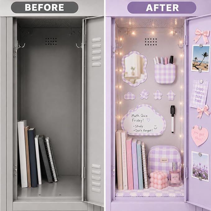 Svartur Magnetic Locker Accessories Set - Locker Mirror, Dry Erase Whiteboard, Magnetic Pen Holder & Cute Magnets, Aesthetic School Locker Decor for Girls, Locker Organizer Kit, Purple