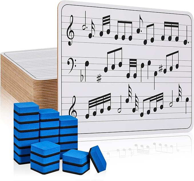Henoyso 24 Pack Double Sided Dry Erase Music Staff Whiteboard 9x12 Inch Reusable Lapboard with 24 Erasers Portable Classroom Supplies for Students Kids Teachers Musicians Practice