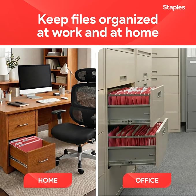 Staples Hanging File Folders, Letter Size, Red, 1/5‑Cut Tabs, Tear‑Resistant Durable Construction – 25/Pack