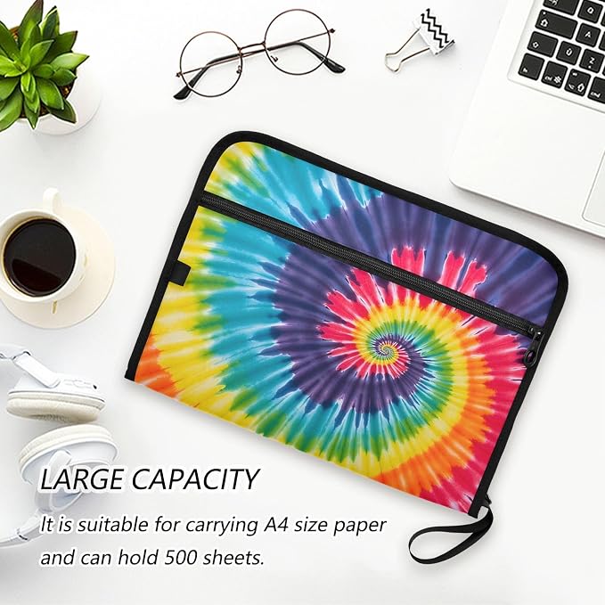 Expanding File Folder Tie Dye Rainbow Swirl Accordion File Organizer 13 Pockets Document Organizer with Zipper Labels A4 Letter Office Storage