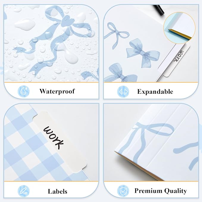 Yaomiao 12 Pcs Coquette Blue Bow File Folders, Letter Size Bowknot Plaid Decorative File Organizer with 1/3 Cut Tab, Cute Pretty Document Holder for Office Home Studyroom Birthday Gifts, 8.5 x 11 Inch