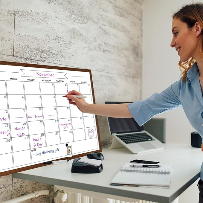 Dry Erase Monthly Calendar Whiteboard, Magnetic White Board for Wall, Solid Pine Wood Walnut Brown Frame Hanging Board for Office/School/Home，17.7"x 23.6"(YL-WB-4560-B)