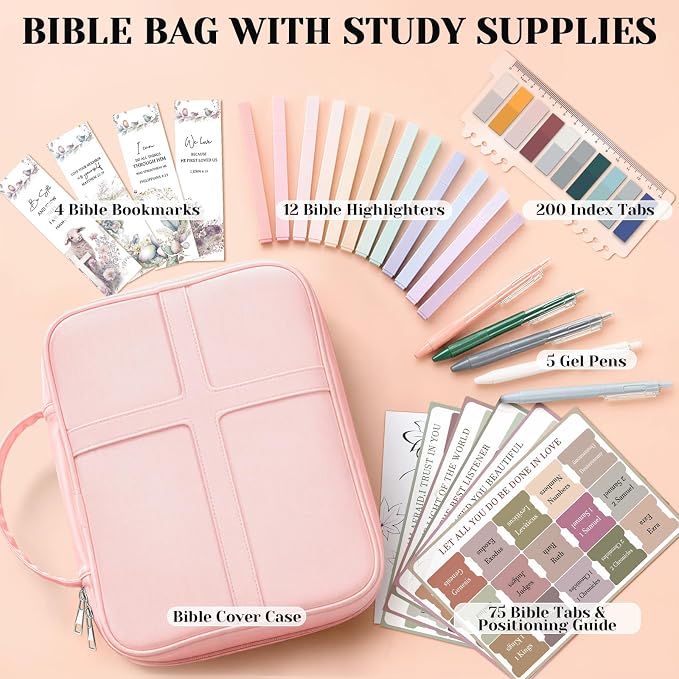 XKDOUS Large Bible Cover, Bible Bag with Handle, Durable Cross Design Bible Case with Bible Accessories, Bible Cover Case for Women and Men, Christian Gift (Pink)