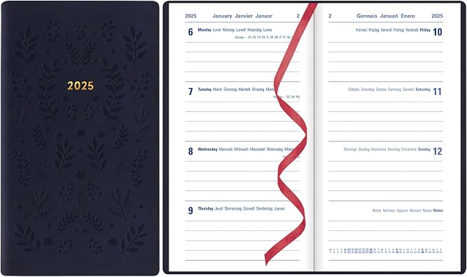 Letts of London Woodland 2025 Weekly Planner, 12 Months, January to December, Sewn Binding, Medium Pocket, 5.875" x 3.125", Multilingual, Navy (C082177-25)