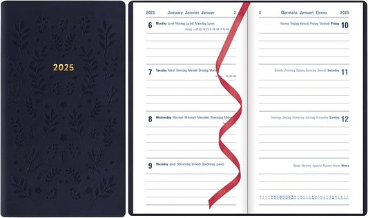 Letts of London Woodland 2025 Weekly Planner, 12 Months, January to December, Sewn Binding, Medium Pocket, 5.875" x 3.125", Multilingual, Navy (C082177-25)