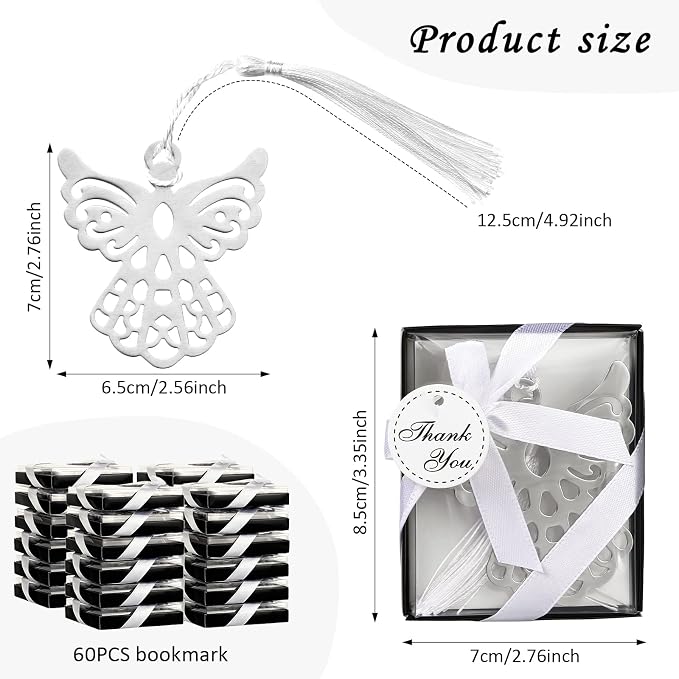 Spakon 60 Pieces Metal Angel Bookmark Favors Tassels Angel Bookmark Funeral Favors for Book Lovers Collection Guests Gift