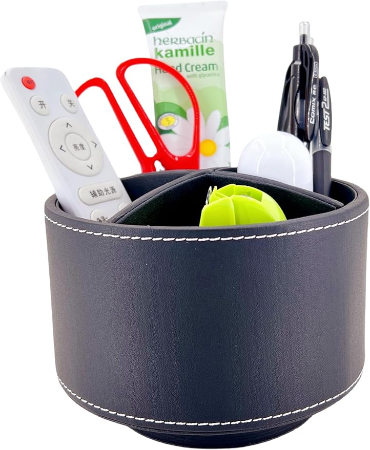 PU Leather Round TV Remote Control Holder for Table,360° Swivel Office Supply Desktop Organizer,4 Compartments Phone/Pen/Pencil Holder,Suitable for Stationery/Heater Controllers Etc (Black)