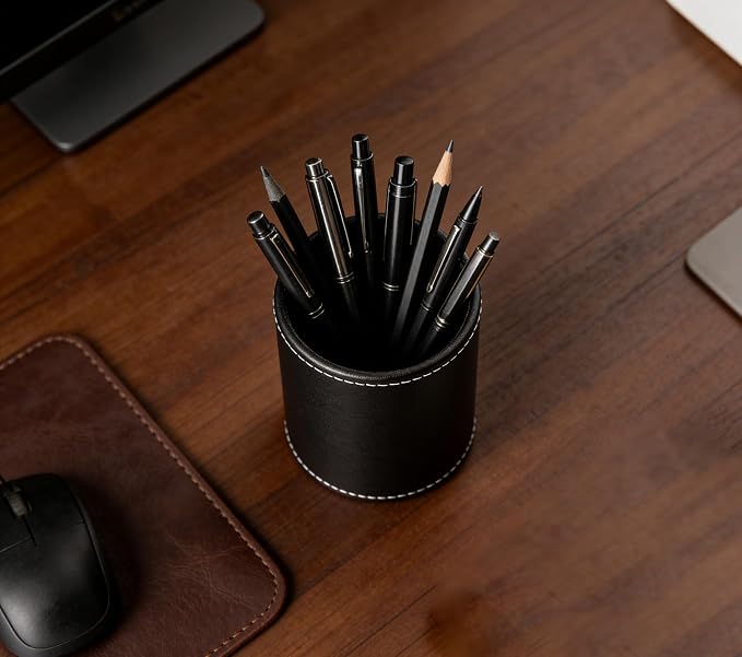 Round Pen Pencil Holder, PU Leather Pencil Cup, Desktop Stationery Organizer, Stand Desk Organizer, Office Accessories Container (Black)
