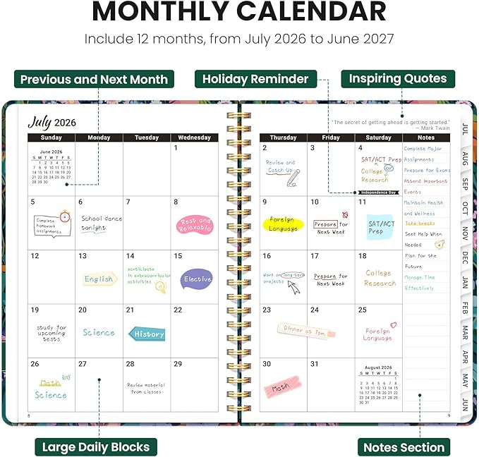 Planner 2026-2027, Monthly and Weekly Academic Planner July 2026 - June 2027, Hardcover Student Teacher Planning Agenda Calendar Book with Tabs, Perfect for Office School Supplies, A5 (6.3" x 8.5") - Enchanted Meadow