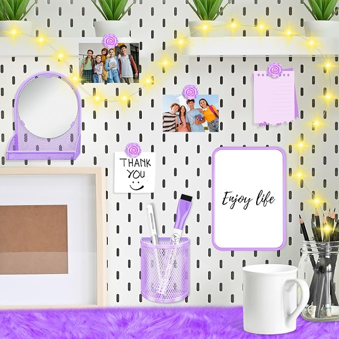 8 Pcs Locker Accessories for Girls with Purple Magnetic Mirror, Magnetic Pen Holders, Cute Flower Magnets, Cute Locker Decor Backing for Girls in Middle School Locker Stuff for Girls