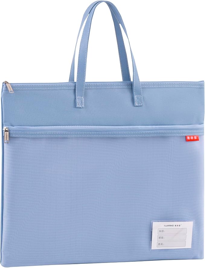 A4 File Tote Bag with Zipper, 11x13.7 Inch Handheld Document Organizer, 2 Large Pockets & Clear Card Slot, Waterproof Portable Pouch for Office School Study Storage(Blue)