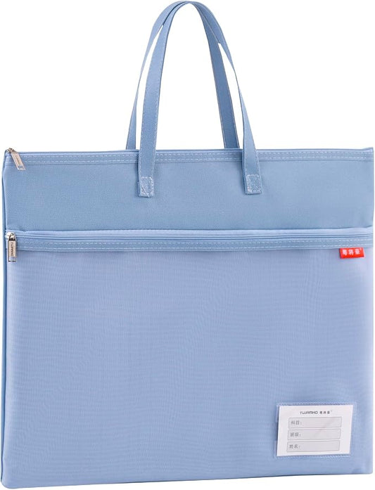 A4 File Tote Bag with Zipper, 11x13.7 Inch Handheld Document Organizer, 2 Large Pockets & Clear Card Slot, Waterproof Portable Pouch for Office School Study Storage(Blue)