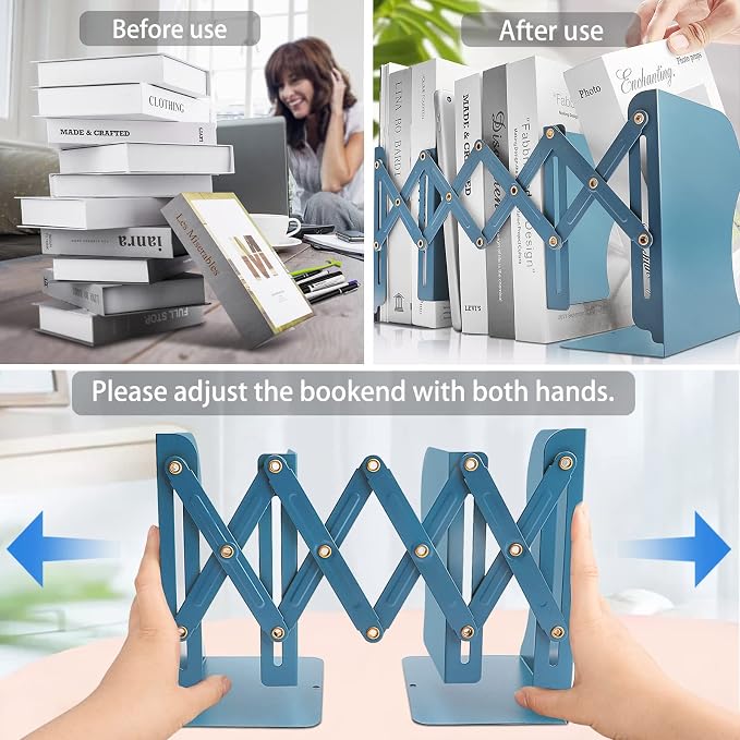 Non Skid Book Ends to Hold Books, Carooyac Heavy Duty Bookends Adjustable Book End, Metal Bookends for Shelves, Blue Book Holders Organizer for Bookshelf Desk - Extends up to 19"