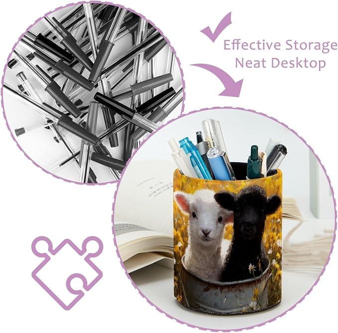 Cute Sheep Pen Holder Pencil Organizer for Desk, 3.1” x 3.1” x 3.9” Pencil Cup Office Supplies, Large Capacity Cute Pen and Makeup Brush Holder for Desktop, Home, School
