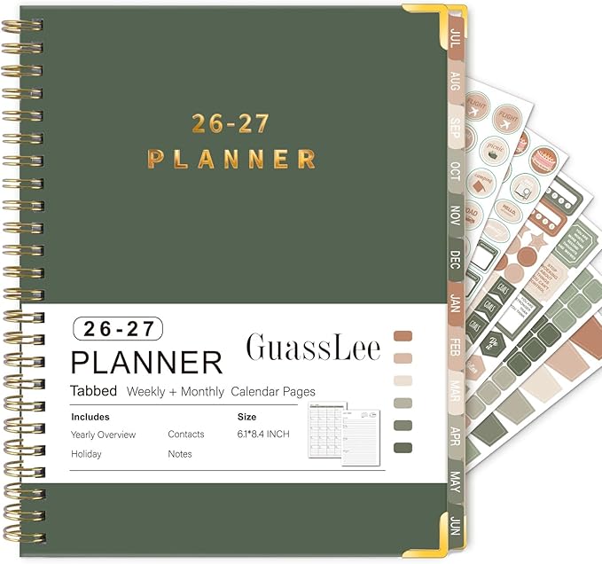 GuassLee 2026-2027 Academic Planner - Hardcover Daily Planner from Jul. 2026-Jun. 2027 - A5 Weekly & Monthly Calendar Agenda Organizer Book with Stickers, Pocket, Coated Tabs - 6.1"x 8.4", Dark Green
