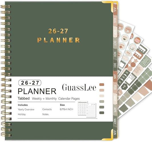GuassLee 2026-2027 Academic Planner - Hardcover Daily Planner from Jul. 2026-Jun. 2027 - A5 Weekly & Monthly Calendar Agenda Organizer Book with Stickers, Pocket, Coated Tabs - 6.1"x 8.4", Dark Green
