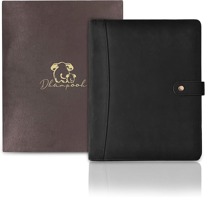 Genuine Leather Portfolio – Sleek Black Professional Organizer & Resume Folder, Antique Leather Business Document Padfolio with Writing Pad, Ideal Gift for Men & Women