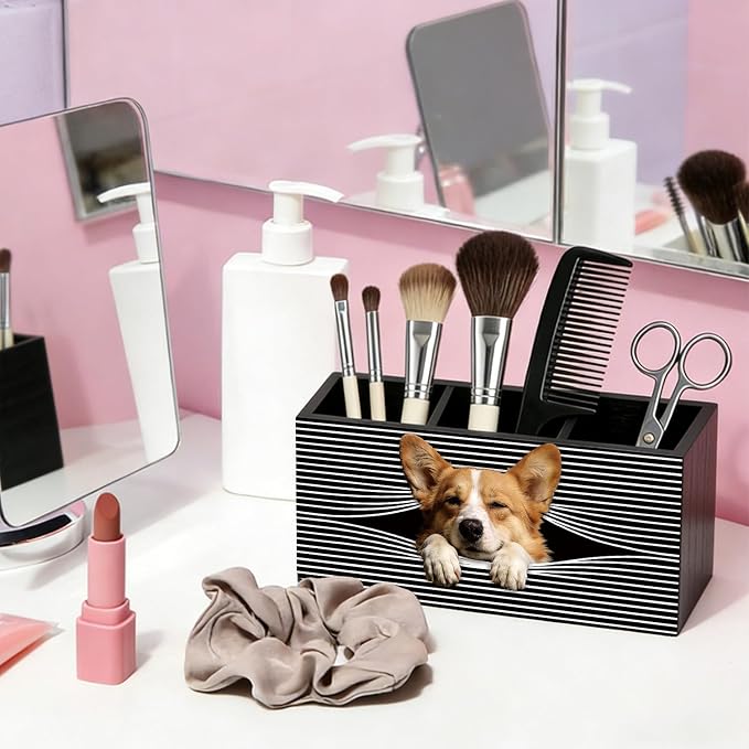 Funny Corgi Pen Pencil Holder for Desk, Corgi Lovers Gifts for Women Men, Dog Mom Lovers Gifts, Dog Office Decor Wooden Box Sign Decorations for Home Office Bedroom Desk Tabletop