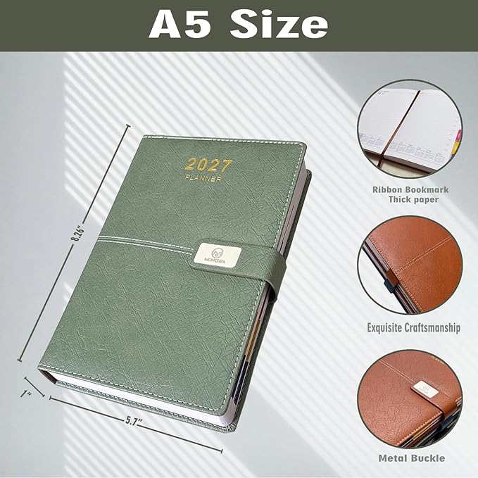 2027 Daily Planner - One Page per Day, 2027 Hourly Daily Calendar(Jan-Dec 2027), 5.7" x 8.26" Appointment Book, Leather Cover + Thick Paper (Green)