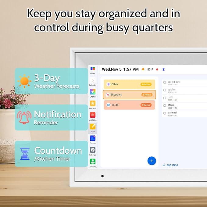 Digital Calendar 10.1'' Electronic Calendar for Family Schedules, WiFi Smart Calendar Built-in 32GB Memory, 1280 * 800 IPS HD Touchscreen Interactive Family Planner & Meal Planner-White