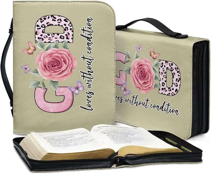 Bible Cover with Handles,God Flower Print Bible Cover for Women Bible Case with Zippered Pocket Catholic Church Gift for Women Fits Bibles Measuring-Size L