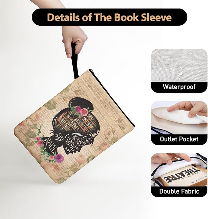 Vintage Girl Love Books Book Sleeve Gifts for Librarian Book Lovers Bookish Friends Teachers with Zipper & Handle, Book Cover Gifts for Book Club Bookworm Women Birthday Graduation Reading Day