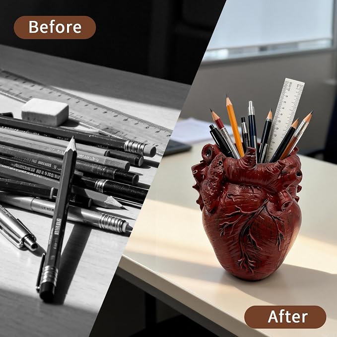 Anatomical Heart Pencil Holder, Resin Organ-Shaped Pen Cup Desk Organizer Decor, Makeup Brush Holder, Compact Desk Accessories Gift, Pen Holder for School, Office(RED)