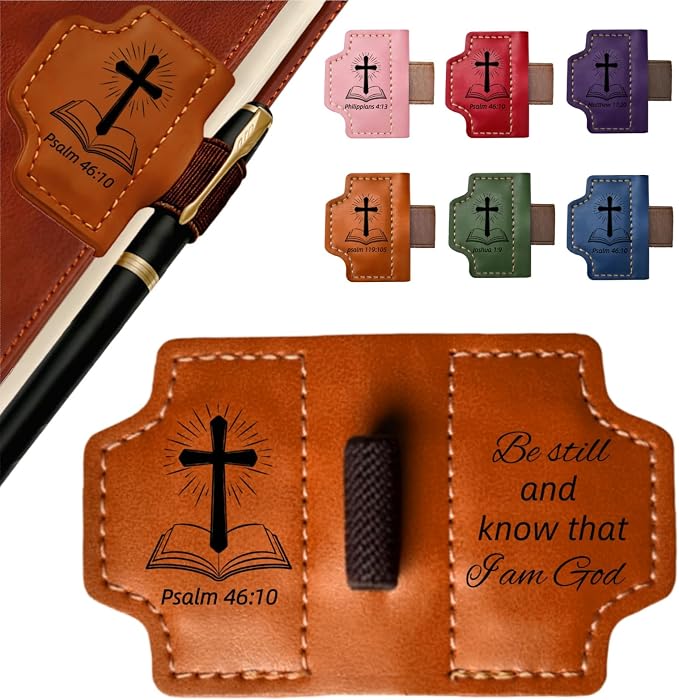MOTEERLLU Bygone Mark Personalized Magnetic Leather Bookmark Pen Holder, Christian Gifts, Inspirational Bible Book Marks for Reading Women, Men, Teachers, Book Lover(Brown Psalm 46:10)