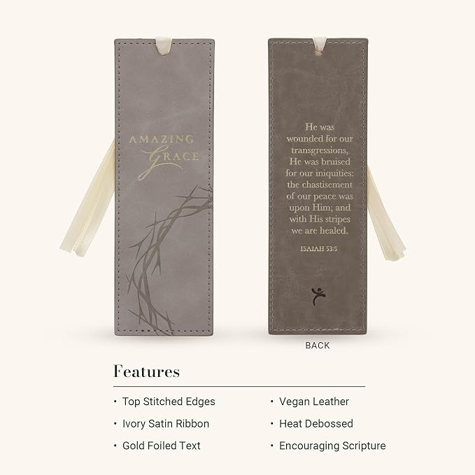 Christian Art Gifts Faux Leather Scripture Bookmark for Men & Women: Amazing Grace with Golden Encouraging Bible Verse, Debossed Crown of Thorns Design, Satin Ribbon Markers for Reading, Taupe & Gold