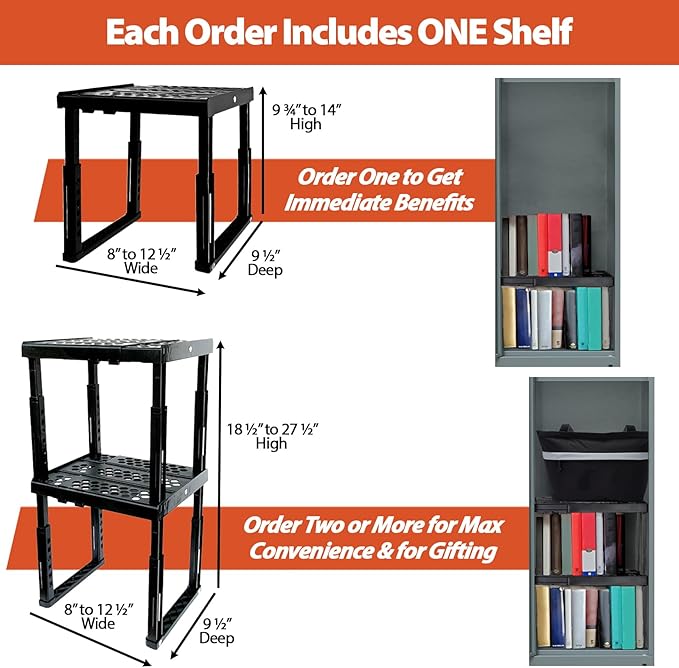 Piffny Locker Organizer Shelf， Adjustable Width and Height, Stackable, Ideal Locker Shelf for School, Office, Gym Lockers, or Even Kitchen Cabinets & Under Sink Organization (Black)
