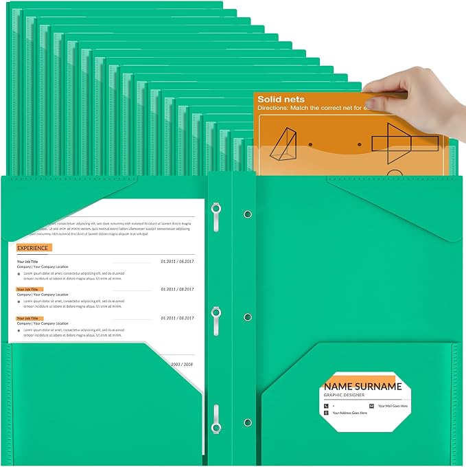 Henoyso 72 Pcs Plastic Folder with Clear Front Pocket and 3 Prong Plastic Folders with Card Slot Pocket Folders with Prongs for School Office (Green)