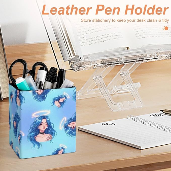 Pen Holder Square Leather Pencil, Holder Cup Makeup Brush Storage Organizer, Waterproof Multifunctional Office Supplies Women Goddess Blue Hair Cosmic Aura
