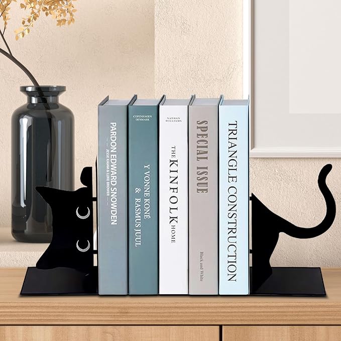 Book Ends Decorative,ENCIMART Book Ends,Metal Bookends,Book Holders for Shelves,Office Decorative Bookends,1.5mm Thickened Book Ends,Bedroom Library Office School Book Desktop Organizer Gift（Cat）
