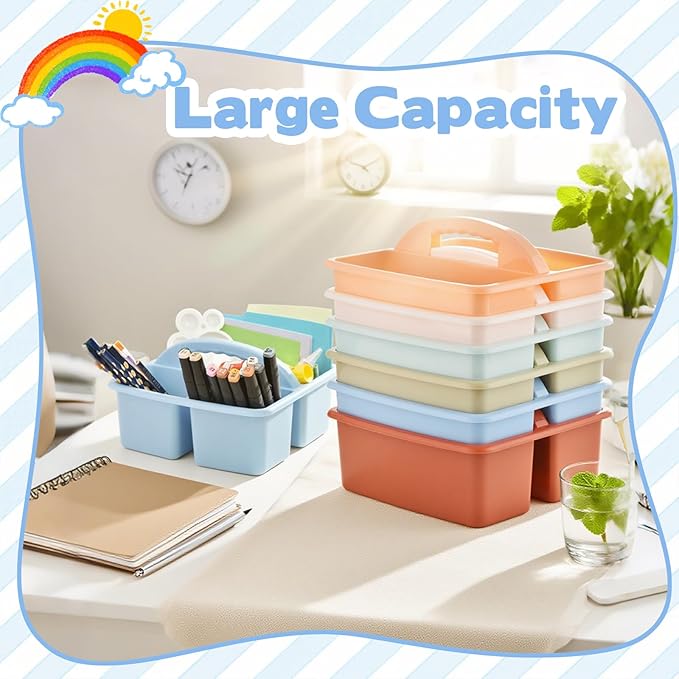 Plastic Storage Caddy Organizers, 6 Pcs Portable Teacher Classroom Supply Caddies with Handle, 3-Compartment Utility Craft Art Caddy for Kids, School Classroom and Office Organization, Boho Colors