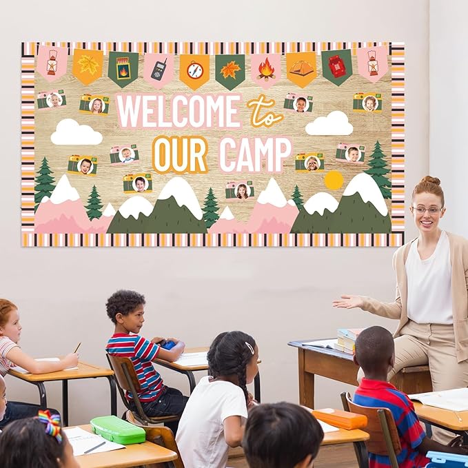Camping Bulletin Board Set Woodland Classroom Decor Welcome to Our Camp Forest Mountain Classroom Decorations Border Adventure DIY Photo Craft Camper Cutouts for Students School Wall Party Supplies