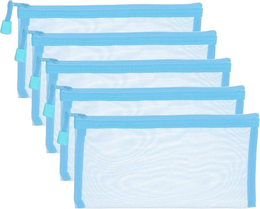 PATIKIL B6 Mesh Zipper Pouch Bags, 5 PCS Mesh Bags with Zipper Plastic Storage Pocket for Organizing File Beads Office Home Supplies, 11.5x23cm, Sky Blue